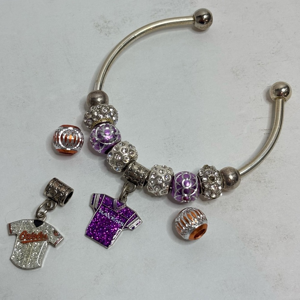 Baltimore Ravens Orioles Jersey Beaded Silver Bangle Cuff Bracelet